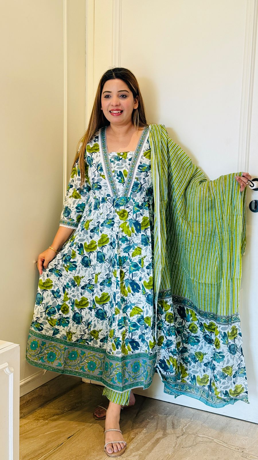 Aarvi Cotton Anarkali Set (Green)